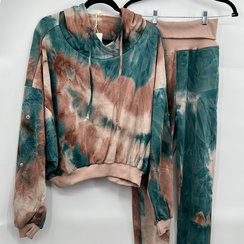 GUC Hem & Thread Tie-Dye Track Pants & Joggers Set - Teal and Brown